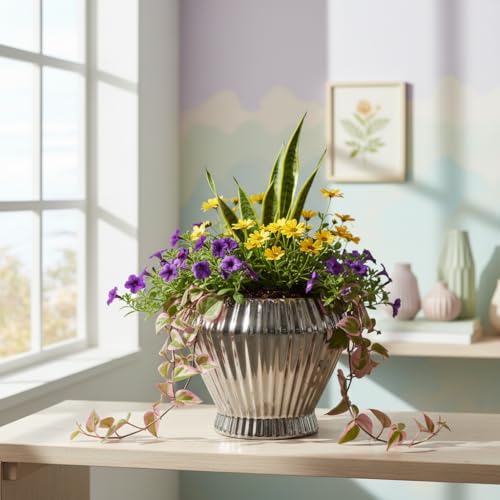 Image of Xtore Ornamental Ceramic Floral Bowl Planter | Ribbed Centerpiece Flower Pot for Coffee Table & Living Room Decor - (Metallic Silver, Planter ONLY)
