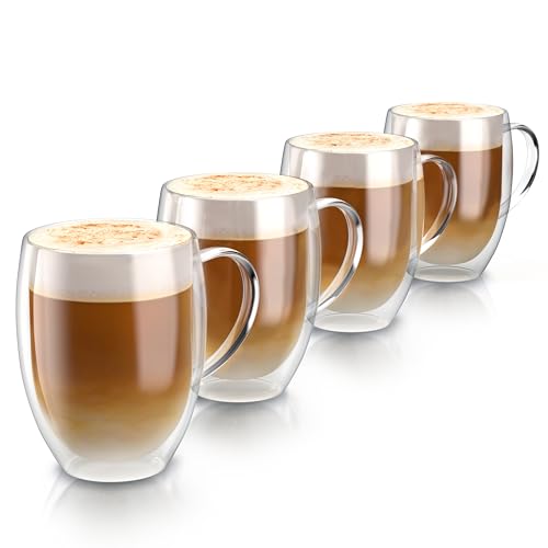 Arendo - doppelwandige Trinkgläser 350ml mit Henkel - Latte Macchiato Cappuccino Tee - 4er Set Doppelwandglas - Thermotassen - spülmaschinengeeignet - Teetasse Kaffeetasse - Thermogläser