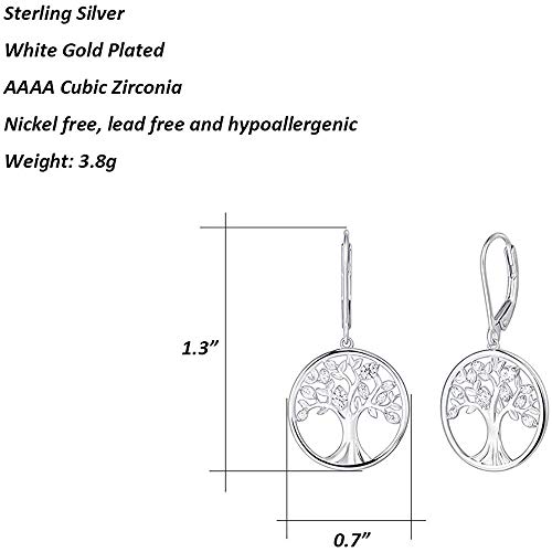 Agvana Sterling Silver Tree of Life Earrings for Women Cubic Zirconia CZ Family Tree Leverback Dangle Drop Earrings Anniversary Birthday Gifts for Women Women Grandma Wife Her3