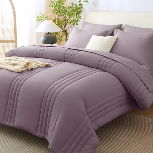 Image of CozyLux Full Size Comforter Sets Dusty Purple - 7 Pieces Bed in a Bag, Modern Vertical Quilted Room Decor, Soft All-Season Bedding Gift with Comforter, Sheets, Pillowcases & Shams