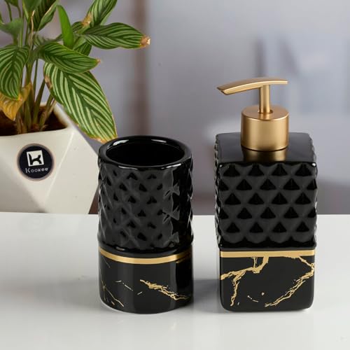 Image of Kookee Ceramic Bathroom Accessories Set of 2 | Soap Dispenser & Toothbrush Holder | Modern Bath Organiser | Luxury Home Gift Set (11579)
