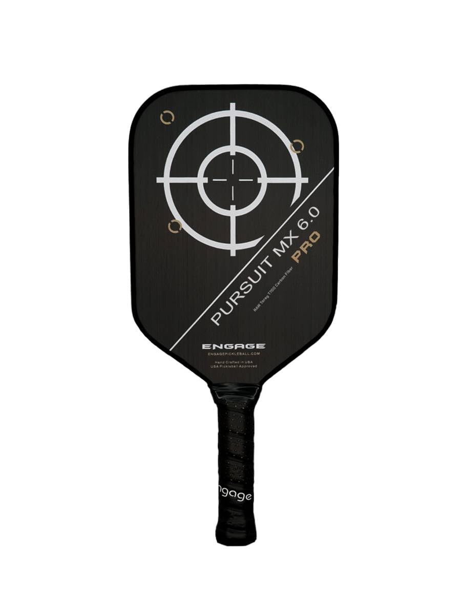 Engage Pursuit Pro MX 6.0 Pickleball Paddle – Elongated Shape, Raw T700 Toray Carbon Fiber Face, 16mm Control Pro “Black” Core (Arctic Gold, Standard (8.1-8.4oz))