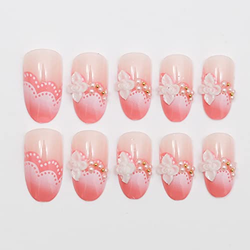 Flower Press On Nails Medium Length, White Camellia Fake Nails With Pearls Spring Nail Art Supplies Acrylic Ballet Pink Self-Adhesive False Nails Press On Nails Manicure Tips For Women, 24Pcs #TOP4
