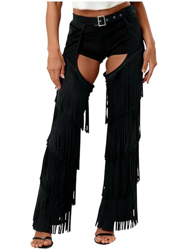 Zaldita Chaps for Women Cowgirl Pants Fringe Cowboy Assless Chaps Western Pants Trousers for Club Party Black Small
