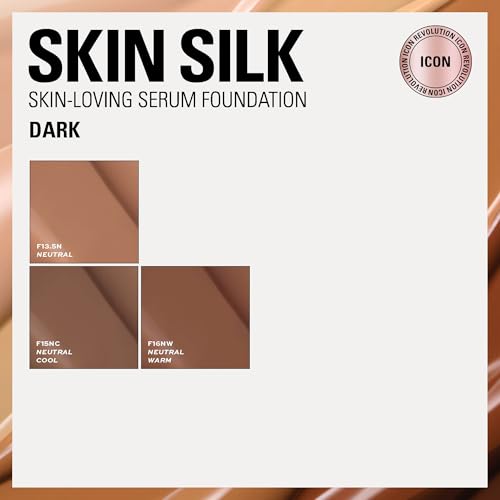 Image of Revolution Skin Silk Radiant Satin Serum Foundation, F15NC Dark Skin Tones | Buildable Coverage, Hydrating Hyaluronic Acid for a Natural Finish, Vegan & Cruelty-Free, 0.77 fl oz