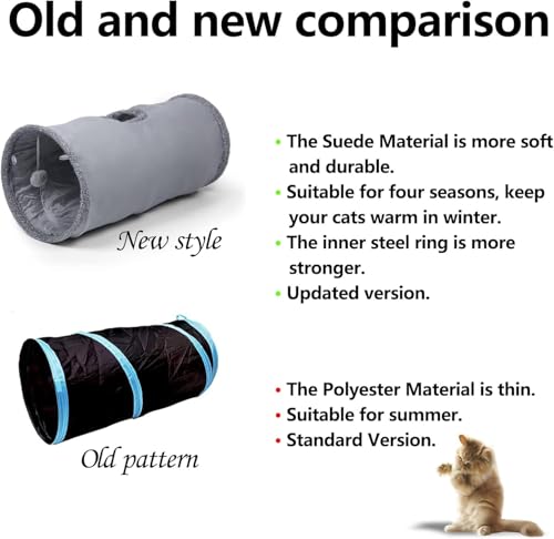 mymai Faltbarer katzentunnel mit weichem Wildlederbezug, interaktiver Rascheltunnel für Katzen mit 2 Hängenden Spielzeugen, ideal für Kaninchen kleine Haustiere (Grau, A)