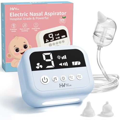 Image of HEYVALUE Nasal Aspirator for Baby, Hospital Grade Nose Sucker with 9 Levels Suction, Night Light and Nursery Rhyme Soothing, Electric Nose Suction for Baby with Food-Grade Silicone Tips Blue