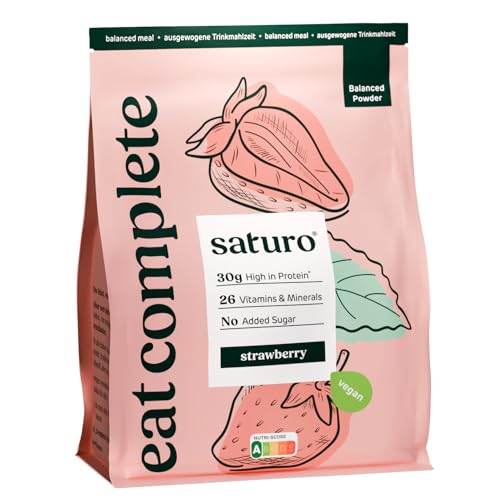 Saturo Comida para beber – Alimento vegano como sustituto de la comida – Strawberry | Polvo blanqueado con abundante proteína y 5600 kcal | Polvo con nutrientes valiosos | 14 batidos, 1,4 kg