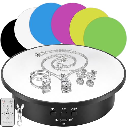 Drehteller Elektrisch 25cm Drehscheibe mit Fernbedienung 6 Hintergründen 3 Geschwindigkeit 90/180/360 Rotation Tragkraft 8kg Motorisierter Drehteller für Produktfotografie & Live-Video