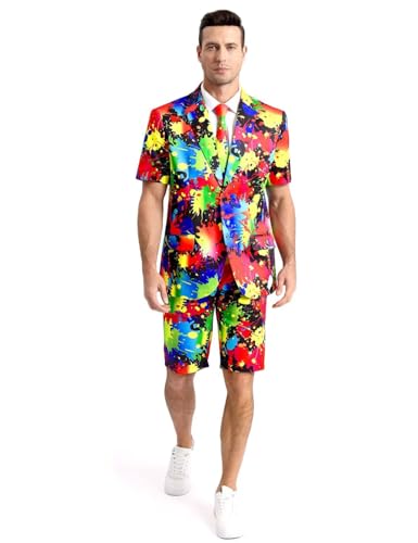 Men's 3-Piece Pride Rainbow Suits, Two Buttons Short Sleeve Blazer & Shorts & Tie