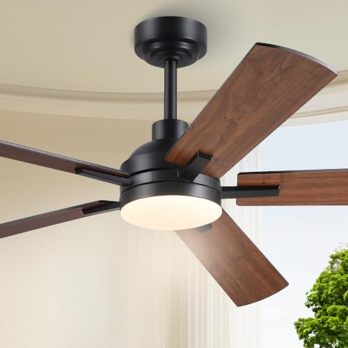Image of JSAITEE 52 Inch Smart Ceiling Fan with Lights, Remote & App Control, DC Reversible Motor, 6 Speeds Quiet 35dB, 3CCT Dimmable LED, Low Profile Modern Ceiling Fans for Bedroom Living Room, Brown