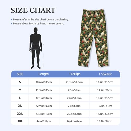 Mens Pajama Pants - White Parrots And Flowers Print Soft Sleep Lounge Pants For Men, Casual Pj Bottoms With Pockets3
