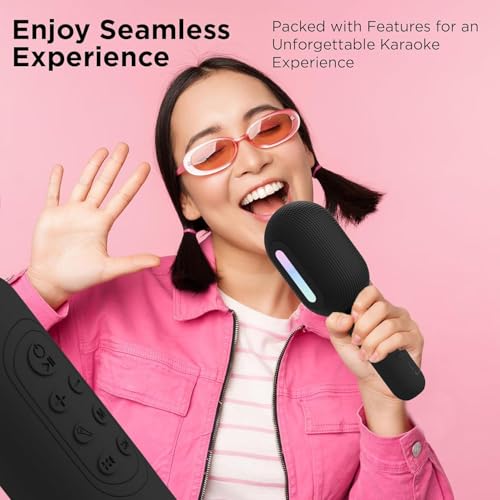 Image of Wireless Bluetooth Karaoke Mic with 5W Speaker,Upto 3-Hour Playtime, Dynamic RGB Lights, Music Recording, Duet Singing, Mini Karaoke Machine for Car Travel, Fast Charging (Black)