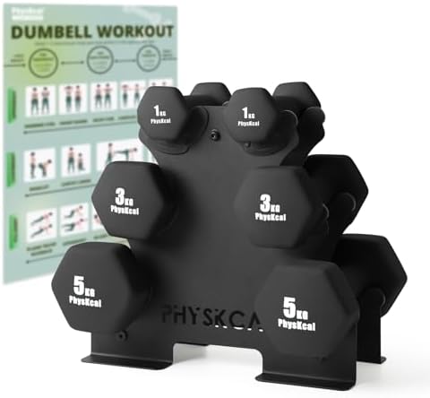 PhysKcal Neopren Kurzhantel Set, Hantelnset mit Robustem Stahl Ständer | Ideal für das Krafttraining zu Hause, unverzichtbar für Anfänger im Kraftsport, geeignet für Bodenübungen