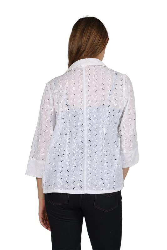 LA CERA Women's Embroidered Eyelet Jacket- 3/4 Sleeves, Collared with 2 Front Snap Buttons, 100% Cotton2
