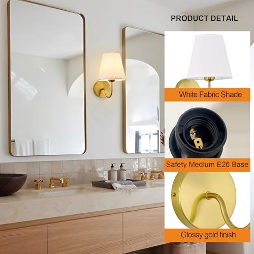 Image of Modern Gold Hardwired Wall Sconces Lighting Fixture, E26 Industrial Vintage Gold Wall Light Set of 2 Pack Wall Lamp Bathroom Decor for Bedroom Living Room, Brass Finish Sconces