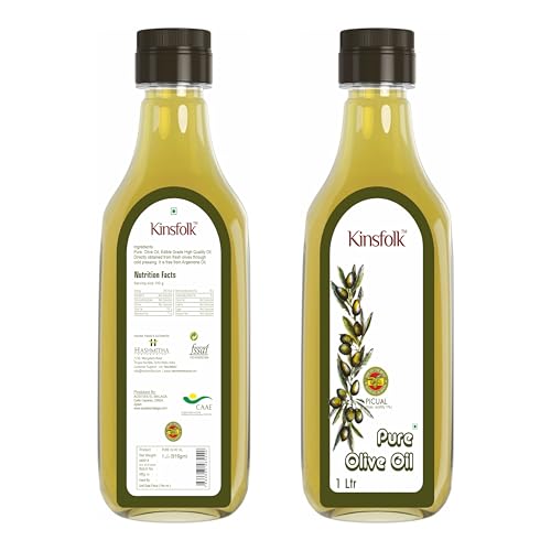 Image of Kinsfolk Pure Olive Oil | Imported From Spain | Suitable For Frying | Sauteing | Dressing | Garnishing | Everyday Cooking | Pack Of 2 | 1 L Each | Total 2 L