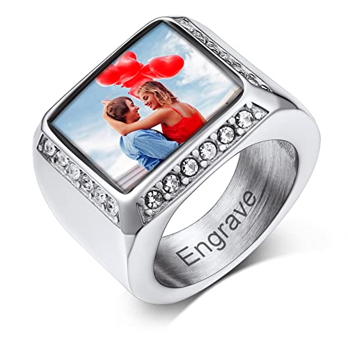 Custom4U Personalized Rings with Pictures Inside Custom Photo Ring Name Engraving Stainless Steel Signet Ring/Heart Ring Size 7-14 Customized Memorial Jewelry for Men Women (Gift Box) D-Squa