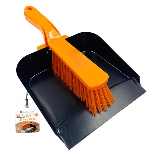 Metal Dustpan and Brush Heavy Duty Strong Steel Large Capacity Garden Dustpan and Brush Set PVC Stiff Hand Brush and Pan for Home and Garden Cleaning (Metal Dustpan and Stiff Brush)