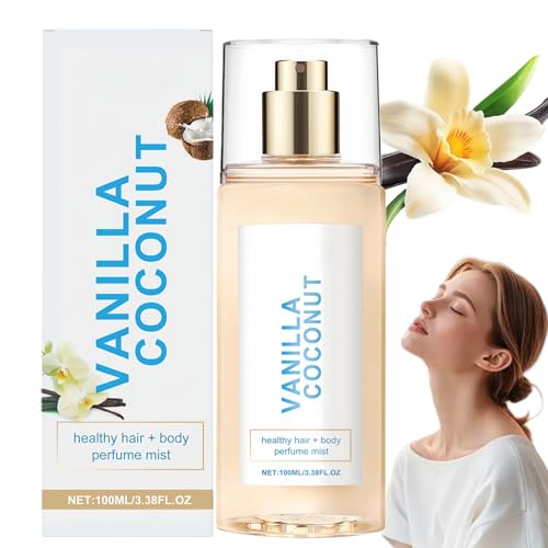 100ML Vanilla Coconut Body Mist,Long Lasting Body Spray for Women & Men,Hair Perfume for Women,Vanilla Perfume Spray,Coconut Body Spray,Va/nilla Hair and Body Fragrance Mist,Gentle Formula