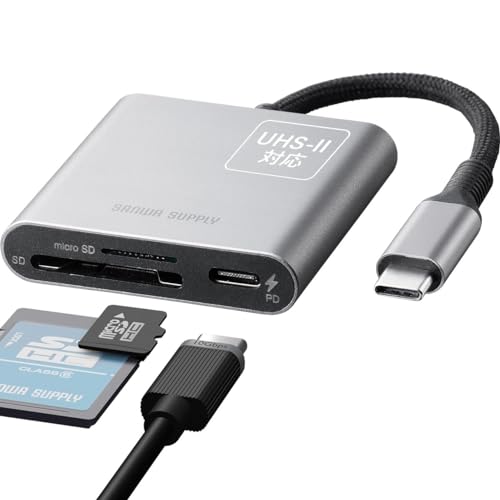 サンワダイレクト USB-C カードリーダー SD/microSD PD100W UHS-II 高速転送 Win/Mac対応 メッシュケーブル アルミ コンパクト スマホ タブレット sdカードリーダー 400-ADR333GM