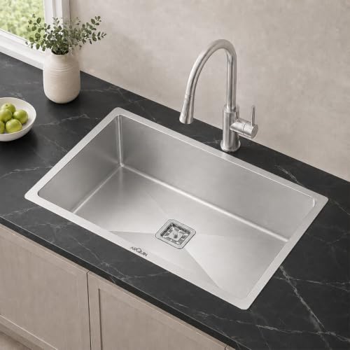Image of ARQUIN Kitchen Sink 27x18x10 Inch Handmade Single Bowl Premium Heavy Stainless Steel Sink | Matt Finish Sink for Kitchen Basin | Including Coupling, Waste Pipe, Fruit Basket