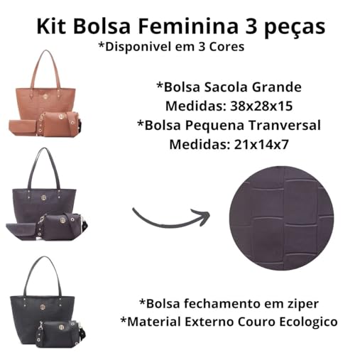 Kit 3 Bolsa Feminina Bolsa Grande 1 Bolsa Transversal e 1 Carteira 3 peças KIT-TIJ (Café)