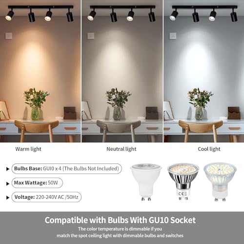 wowatt LED Deckenleuchte 4 Flammig, Deckenstrahler LED Schwenkbar GU10, Spotbalken Deckenlampe Spot Schwarz, Modern Strahler Deckenspot für Küche, Schlafzimmer, Wohnzimmer (Ohne Leuchtmittel)