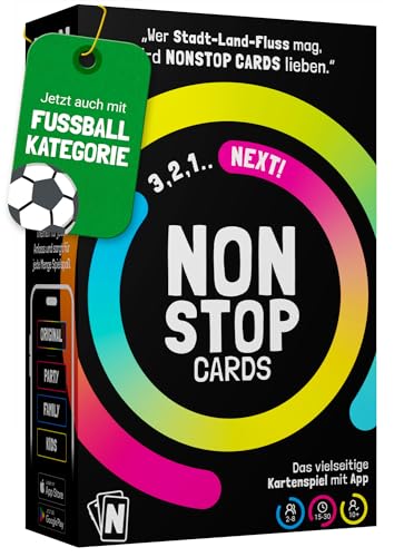 Nonstop Cards - Lustiges Kartenspiel mit App | Gesellschaftsspiel für Erwachsene & Jugendliche | Stadt-Land-Fluss | Partyspiel Familienspiel Brettspiel Geschenk | ab 2 P. | 1750+ Themen inkl. Fußball