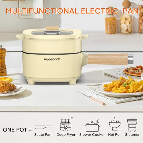 Audecook Hot Pot Electric 2L, Cermic Glaze Non-Stick Frying Pan 8 Inch, Portable Travel Cooker for Ramen/Steak/Fried Rice/Oatmeal/Soup, with Dual Power Control (Silicone Spatula Included)