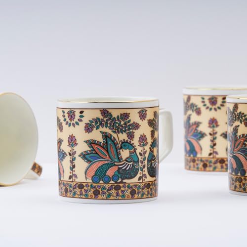 Image of GOLDEN QUEEN'S Handcrafted Tea Cups - Set of 6 | Ideal for Everyday Tea and Coffee, Enhancing Your Daily Rituals (Handpainted Peacock)