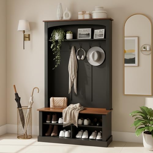 holzart 40.2 Wide Farmhouse Hall Tree with Bench Entryway Coat Rack & Shoe Storage Cabinet with 5 Hooks 71 Tall Mudroom Furniture with Adjustable Shelves for Hallway Foyer Black