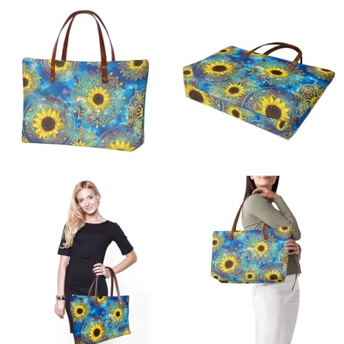 Image of Boho Sunflower Tote Bag with Wallet, Large Top Handle Purse Shoulder Satchel Handbag Purse, Light Hobo Bag with Cosmetic Case, Handbag and Wallet Set for Women, Gift for Mom, Blue