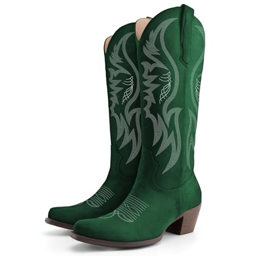 Image of KaroNairy Women Cowboy Boots Faux Suede Embroidered Pointed Thick Heeled Western Wide Calf Cowgirl Ponited Toe Mid Calf Boots