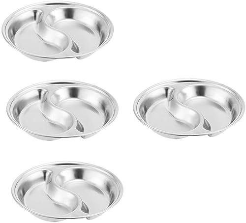 4 platos de salsa de soja de acero inoxidable divididos, platos coreanos de 2 compartimentos, bandeja de condimentos para condimentos para barbacoa,