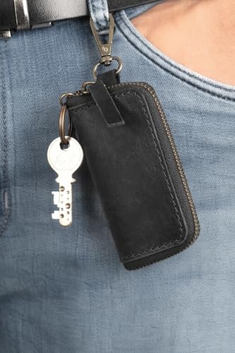 Image of Handmade Full Grain Leather Car Key Holder & Zippered Coin Purse | Belt Loop Key Chain, Compact Earphone Holder Multi-Functional Money Purse Elegant Leather Accessory Versatile Key Organizer (Black)