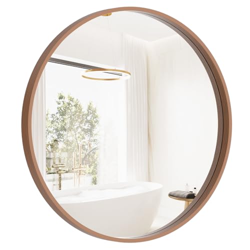 Image of HOMECOOKIN Round Wood Mirror, 24'' Round Bathroom Wall Mirror Circle Mirrors for Wall Decor, Vanity, Living Room, Bedroom, Entryway, Walnut