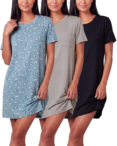 Image of Real Essentials 3 Pack: Women's Short Sleeve Nightgown Dress - Nightshirt Pajama Sleep Shirt Sleepwear (Available In Plus)