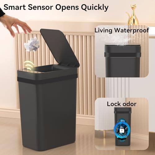 Image of FRESHLIX 3 Pack Bathroom Trash Can 2.6 Gallon Small Touchless Automatic Motion Sensor Trash Cans Slim Waterproof Garbage Bin with Lid for Kitchen, Office, Bedroom Black