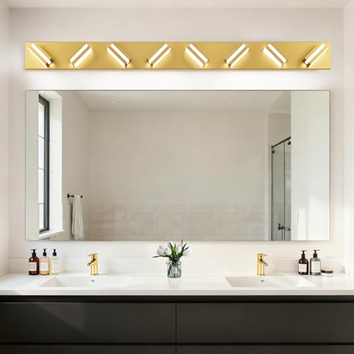 Image of IZORRO LED Modern Bathroom Lights Fixtures(8-Light,Dimmable,360Rotate),Brushed Glod Acrylic Wall Lighting,Vanity Lights for Bathroom Over Mirror - 6000k 48In (No Assembly Required)