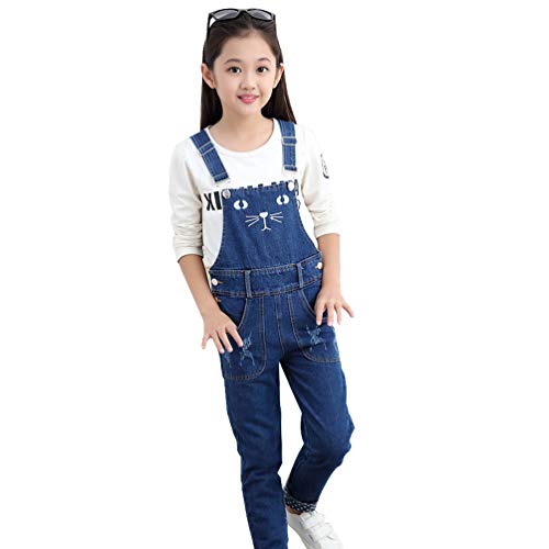 IFIKK Filles Salopette Jeans Denim Jumpsuit Denim Pantalon Doux avec Bretelles Réglablesd élavé Clair Enfants Salopette Combinaison de Loisirs Longue Jean Salopette (Bleu, 140) Cover