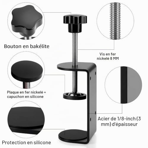 Jhanw Serre-joint en C 7,6 cm, 4 trous arrière, 1 lot de pinces de bureau réglables 0,9-8,6 cm, pince polyvalente frein, assemblage, fixation – vue 3