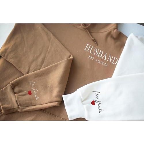 Custom Embroidered Wife & Husband Sweatshirt Hoodies, Personalized Couple Names On Sleeve With Heart, Custom Anniversary Date, Gifts For Couples, Gifts For Wife, Husband, Bride Sweatshirt4