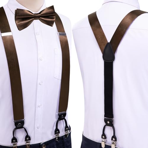 Image of Hi-Tie Men Suspender Bowtie Set Suspenders Pre-tied Bow Tie Pocket Square Cufflinks Adjustable Y Shape 6 Clips Braces Tuxedo