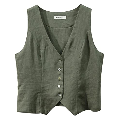 Amazhiyu Womens Pure Linen Sleeveless Button Down Crop Top V Neck Waistcoat Vest1
