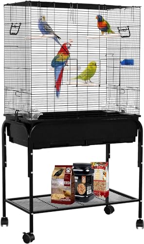 FEFE Bird Cage Budgie Cage with Stand & Storage Parrot Cage Black Iron Flight Cage for Small lovebird/Cockatiel/Parakeet/Conure/Finch/Budgie/Canary 130cm High with Stand Black