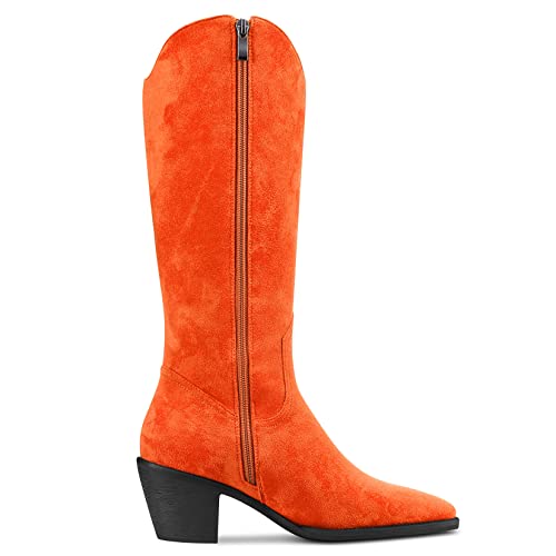 DearOnly Womens Western Cowboy Cowgirl Boots Mid Calf Pull-Up Closed Pointed Toe Block Chunky Heel Zipper Suede Dress Shoes Classic 2.5 Inch3