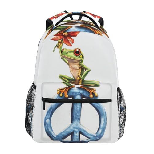 CHIFIGNO Mochila escolar Green Frog Red Poppy para meninos e meninas, mochila escolar para laptop, Sapo verde, papoula vermelha, Medium, Mochilas Daypack
