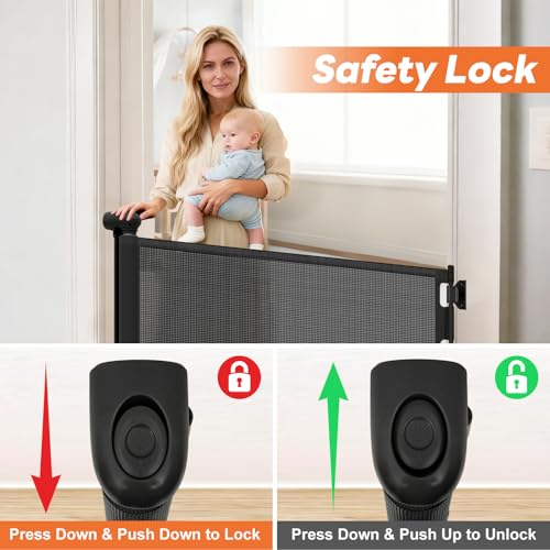 Retractable Baby Gate for Stairs and Doorways, 55" Wide x 33" Tall Mesh Dog Gate for Indoor & Outdoor Use, Safety Gate for Babies and Pets, Child Gates for Hallways, Hardware Mounted, Black - Image 5
