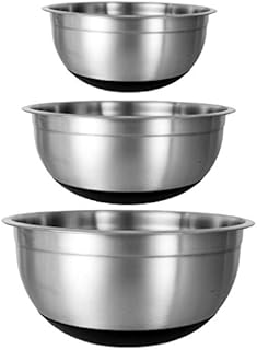 Buckingham Designer Set of 3 Stainless Steel Salad Mixing Bowls Silicon Base, Silver Black